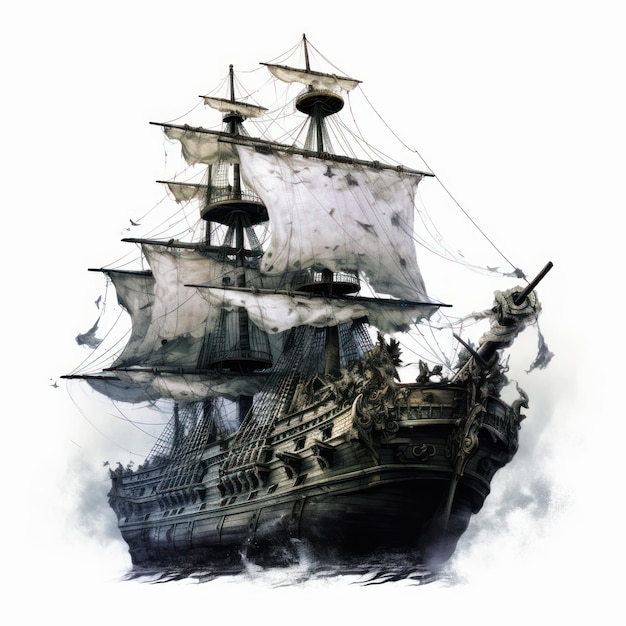 Old pirate ship isolated on white background Watercolor painting illustration