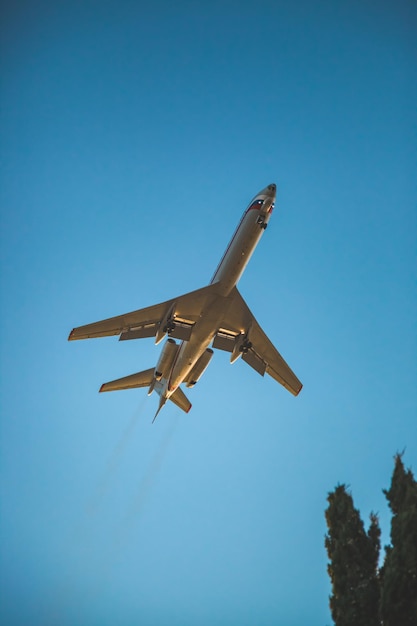 Un vecchio aereo vola nel cielo, l'aereo atterra