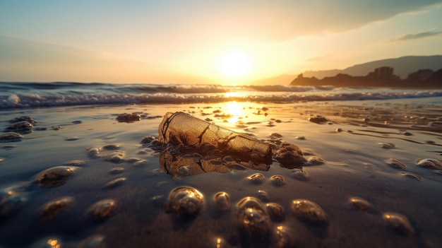 Old plastic bottle in ocean environmental protection concept Generetive AI