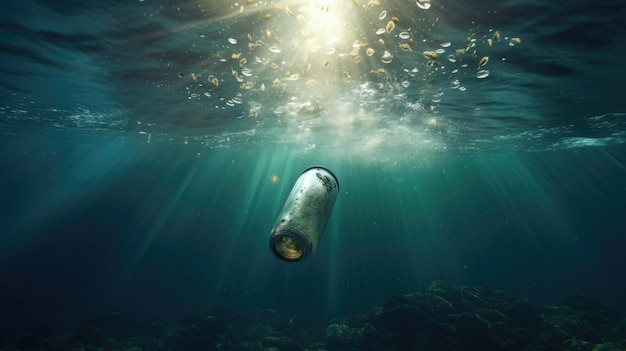 Old plastic bottle in ocean environmental protection concept Generetive AI