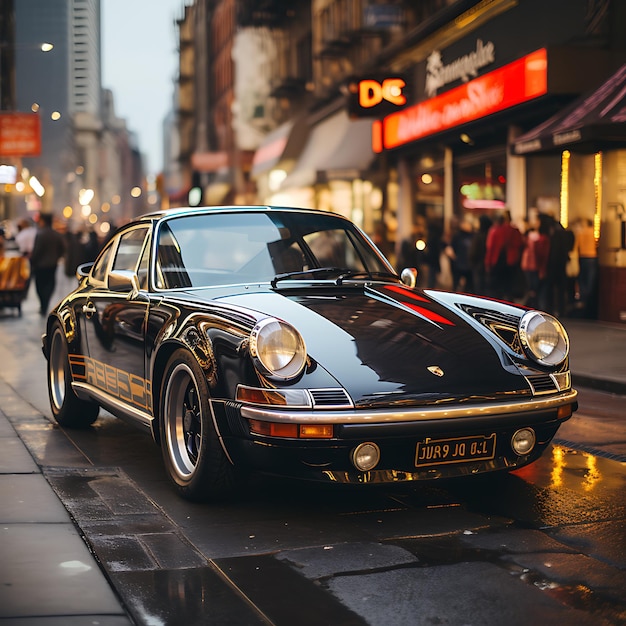 Old porsche 911 carrera photo taken from far distance drivibg in the streets of new york