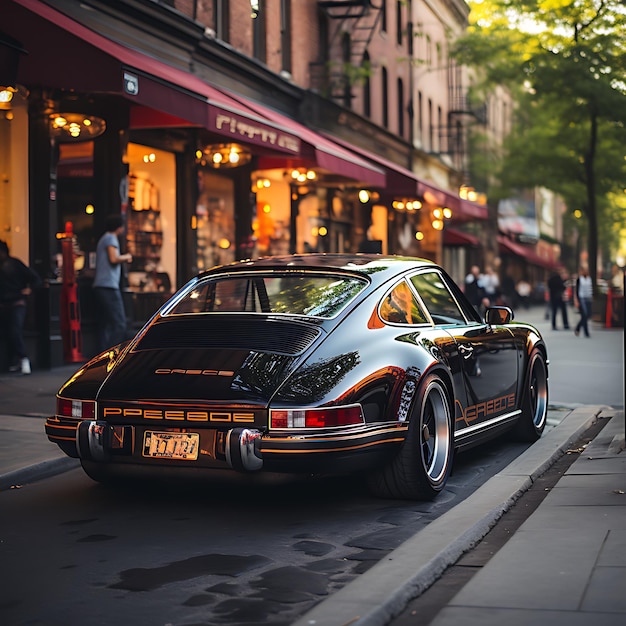 Old porsche 911 carrera photo taken from far distance drivibg in the streets of new york