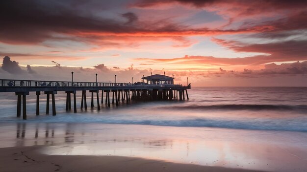 Old port pier in pondicherry rock beach during the sunset