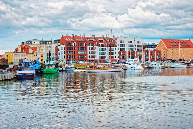 Old port with boats at Waterside in Motlawa River in Gdansk, Poland