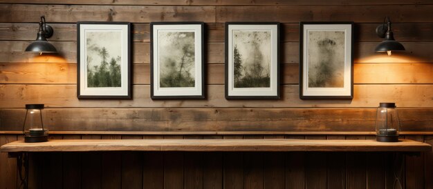 Photo old posters with a picture frames on a wooden wall