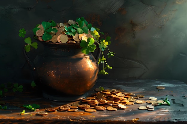 Old pot with coins and clovers depicting prosperity and luck mystic still life with a vintage mood and soft lighting ideal for magical themes AI