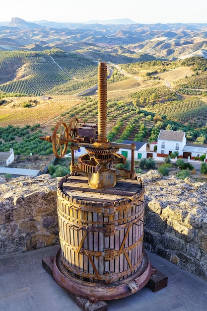 Old press to make olive oil next to fields full of olive trees in the province of Cadiz Spain