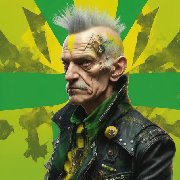 An old punk man with a stylish hairstyle on a bright background