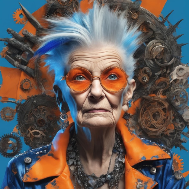 An old punk woman with a stylish hairstyle on a bright background