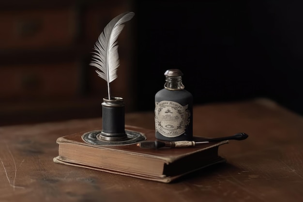 Old Quill Pen with Inkwell