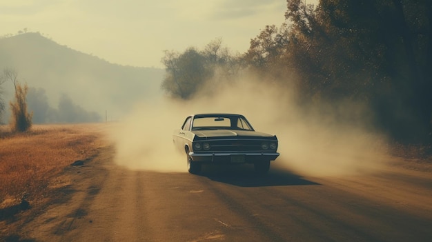 Old racing car on dusty dirt road vintage style