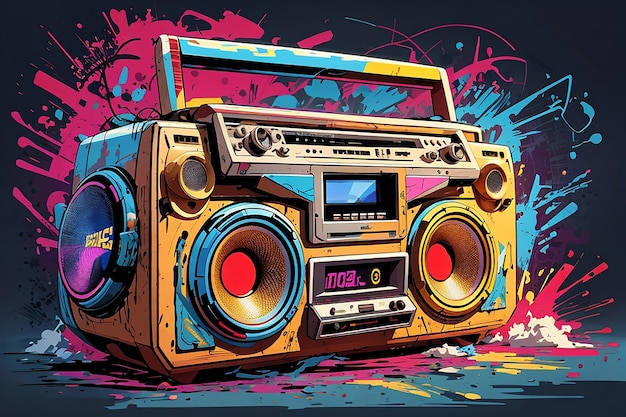 오래된 라디오 80년대 및 90년대 복고풍 스타일의 화려한 배경 디지털