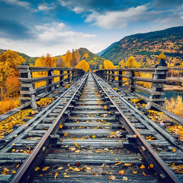 Old railway on the bridge over the mountain river in autumn