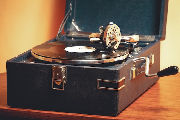 Old record player gramophone needle on record