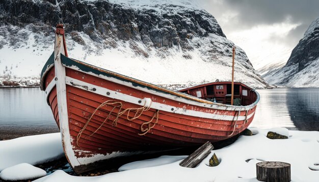 ノルウェーのフィヨルドの雪の海岸にある古い赤いボート フォトリアルな描画生成 AI