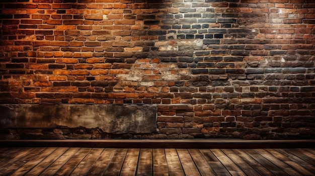 Старая стена из красного кирпича и деревянный пол