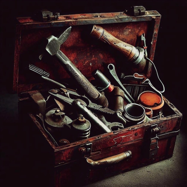 An old red and brown suitcase with tools inside.