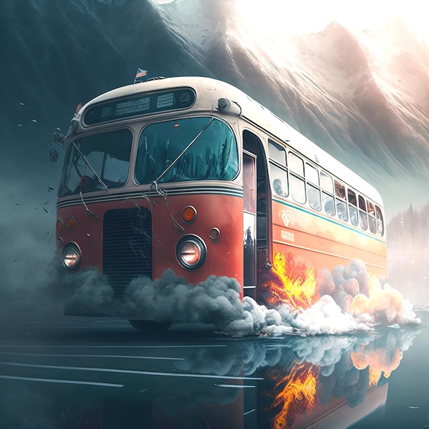 Old red bus with a white stripe burning with fire