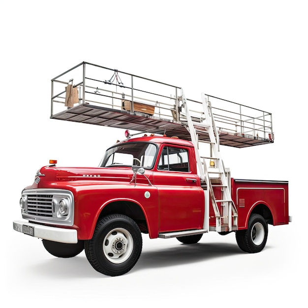 Old Red Fire Truck with a Ladder and Fire Hose Isolated on a White Background