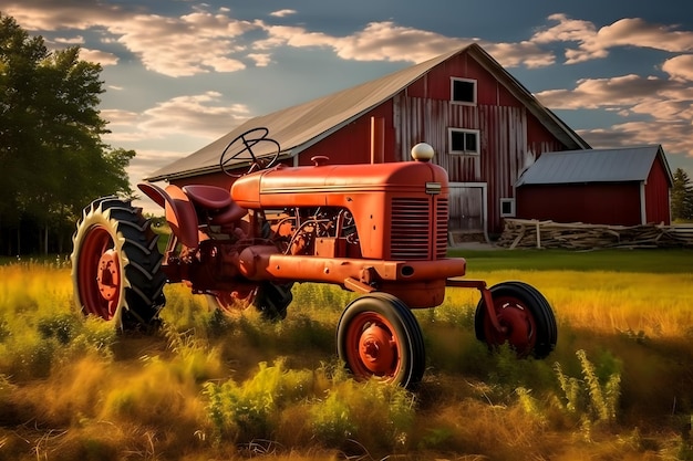 Photo old red tractor on the field in front of an old farm house