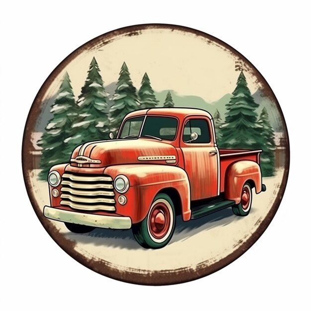 Photo an old red truck with a snowy forest in the background generative ai