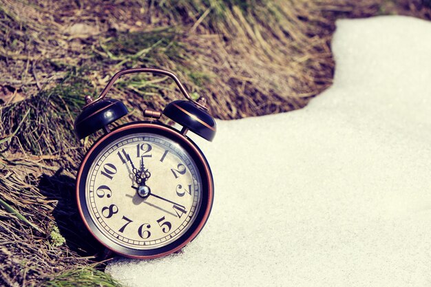 古いレトロの目覚まし時計 草と雪は 春や冬の到来を象徴しています