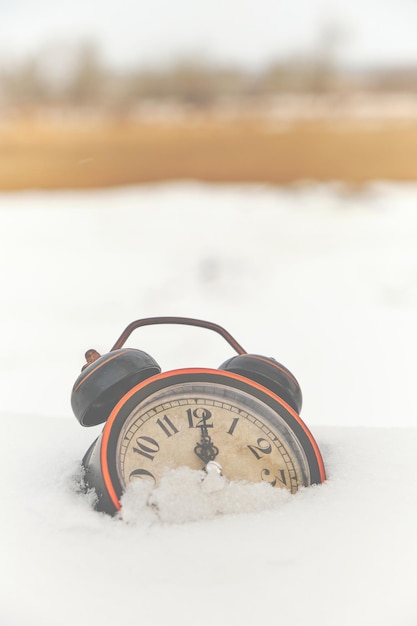 Old retro alarm clock in the snow in winter on the background of vegetation.