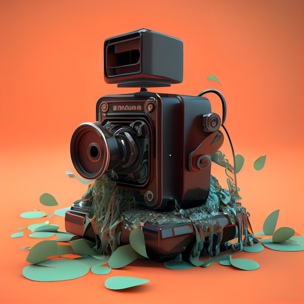 Старая ретро-камера и зеленые листья на оранжевом фоне 3d иллюстрация