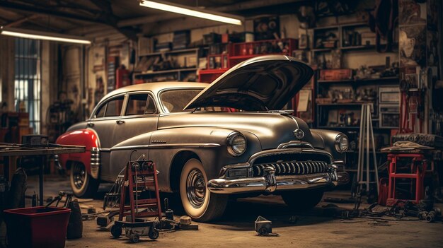 Vecchia auto retro in officina con vernice rossa e parti sporche