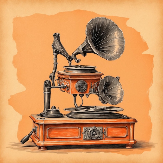 Old retro classical gramophone music player isolated on orange background in retro style In sketch