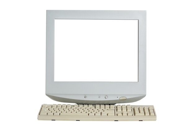 Photo old retro crt monitor display with blank white screen and keyboard isolated on white.