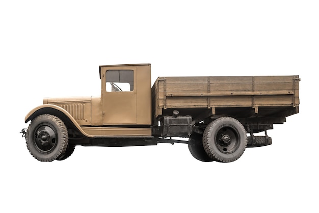 Old retro military truck on white background