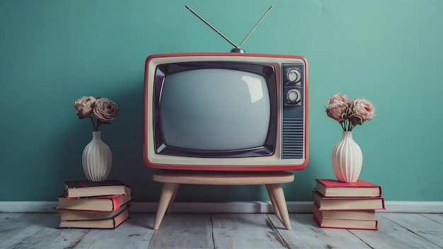 Old retro tv by placing flower vases on books