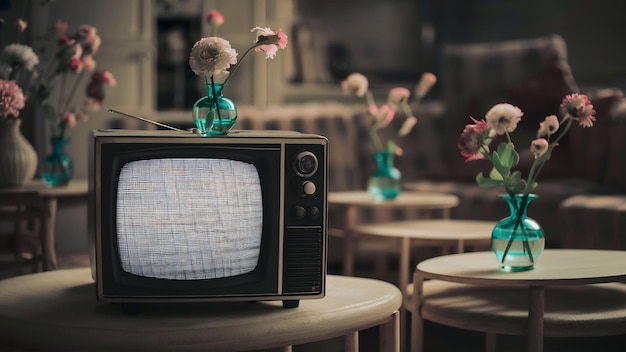 Old retro tv its still life with flower vases