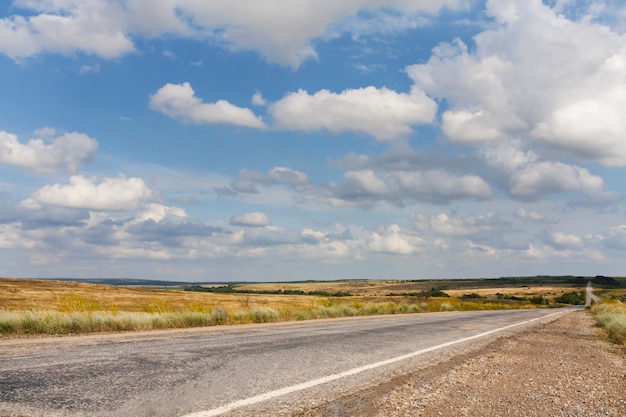 Old road in the Ukrainian steppe in summer under blue sky with clouds