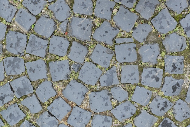 Old round paving stones of gray stones