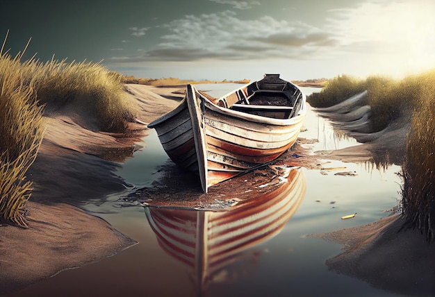 Фото Старая гребная лодка застряла на песке и в луже.