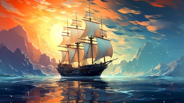 Photo an old royal ship sails in the deep sea in the evening