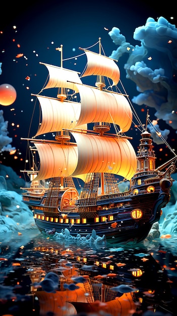 An old royal ship sails the deep sea on a gloomy night