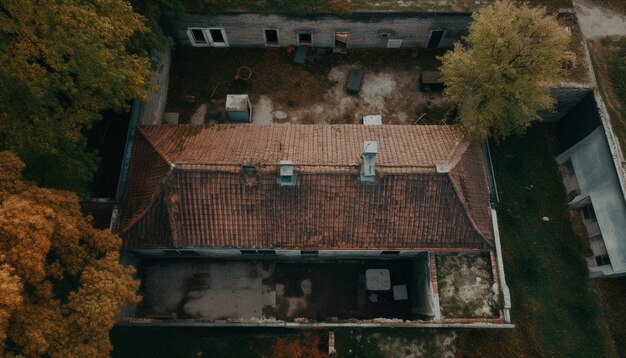 Photo old ruined church atop rural forest landscape generated by ai