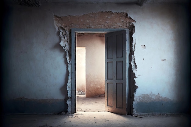 Old ruined house and doorway in empty dusty room