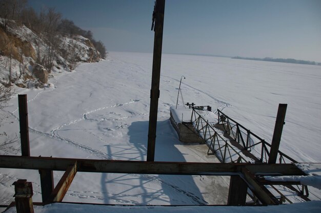 Old ruined metal pier in the Syzran region Russia