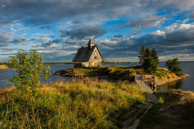 Old russian Orthodox wooden church in the village Rabocheostrovsk, Karelia.