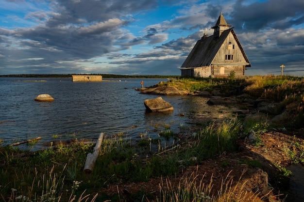 Old russian Orthodox wooden church in the village Rabocheostrovsk, Karelia.