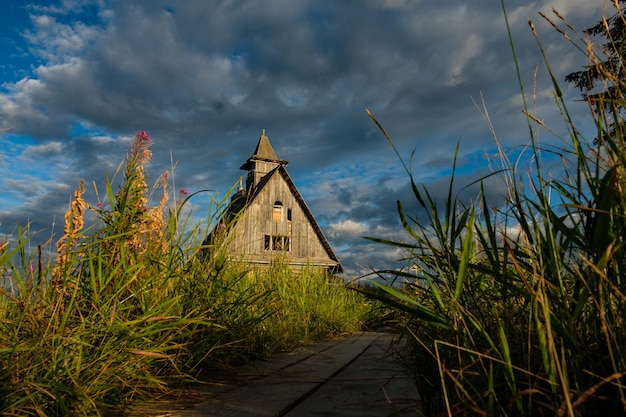 Old russian Orthodox wooden church in the village Rabocheostrovsk, Karelia.