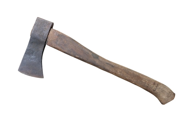 Old rust dirty dark gray axe with brown wooden handle is isolated on white background with clipping path