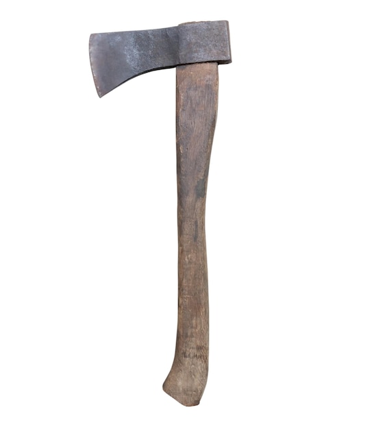 Photo old rust dirty dark gray axe with brown wooden handle is isolated on white background