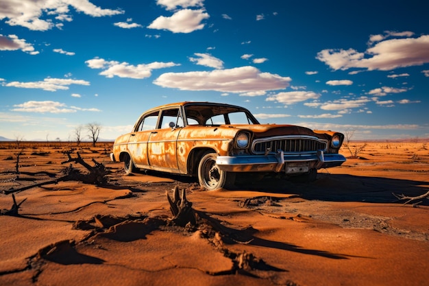 Старая ржавая машина, сидящая посреди пустыни.