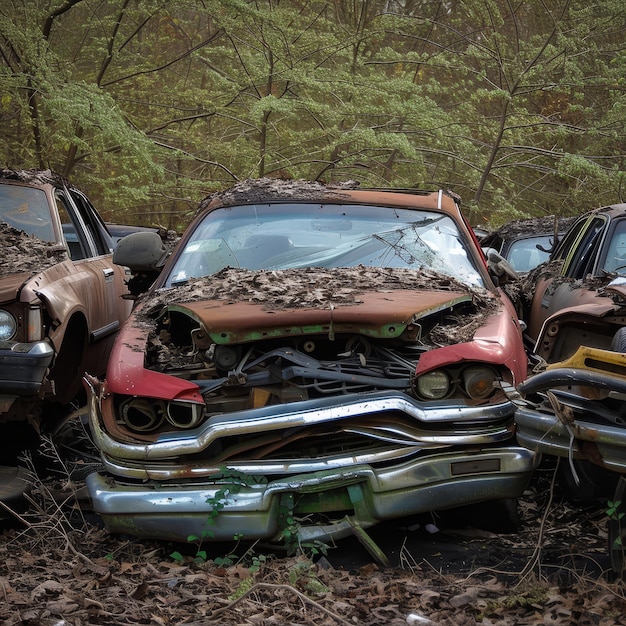 Foto auto vecchie e arrugginite abbandonate nel bosco vengono lentamente recuperate dalla natura