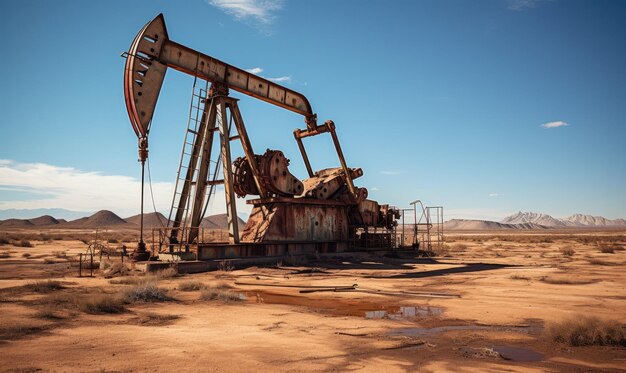 砂漠の古い生<unk>した原油ポンプジャックリグ 石油掘削リグとポンプ・ジャックと青い空 地下からの石油生産